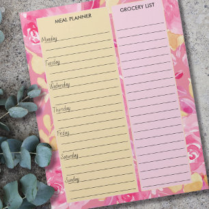 Bloc De Notas Planner de comidas florales rosadas y amarillas y 