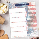 Bloc De Notas Planner de comidas y lista de compras acuarela pat<br><div class="desc">Planificador de comidas de la familia Patriotic American Flag y lista de compras para una semana organizada antes que cualquier familia pueda usar. Esta plantilla del planificador de comidas se puede personalizar cambiando la redacción según lo considere oportuno. Puede cambiarlo para eventos y programaciones o para más necesidades de nicho...</div>