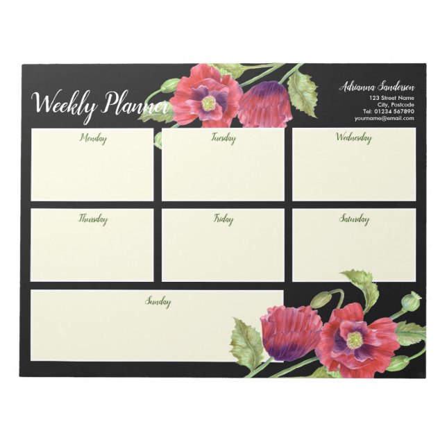 Bloc De Notas Planner de semana acuarela Red Poppies Negro (Frente)