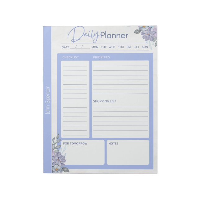 Bloc De Notas Planner diario de Floral Azul Pastel (Lado Izquierdo)