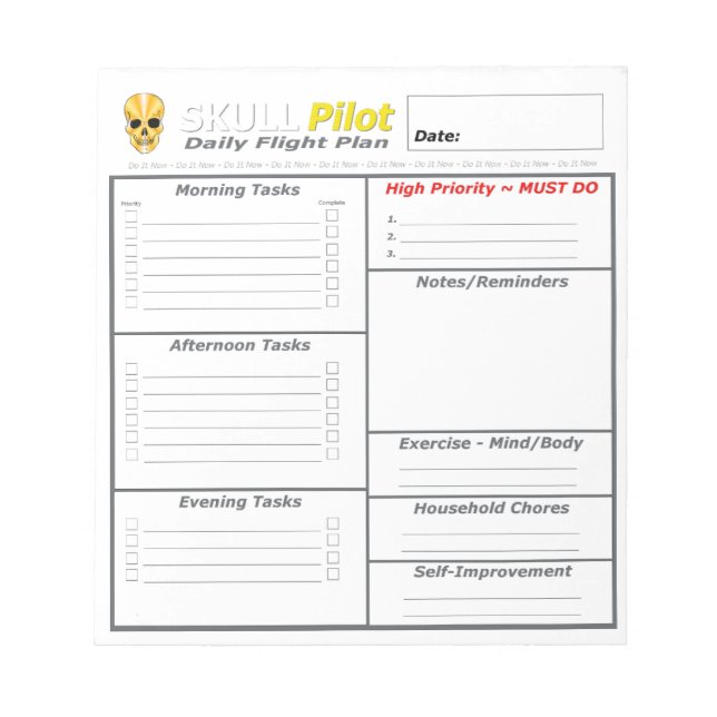 Bloc De Notas Planner diario - Plan de vuelo diario Skull Pilot (Frente)
