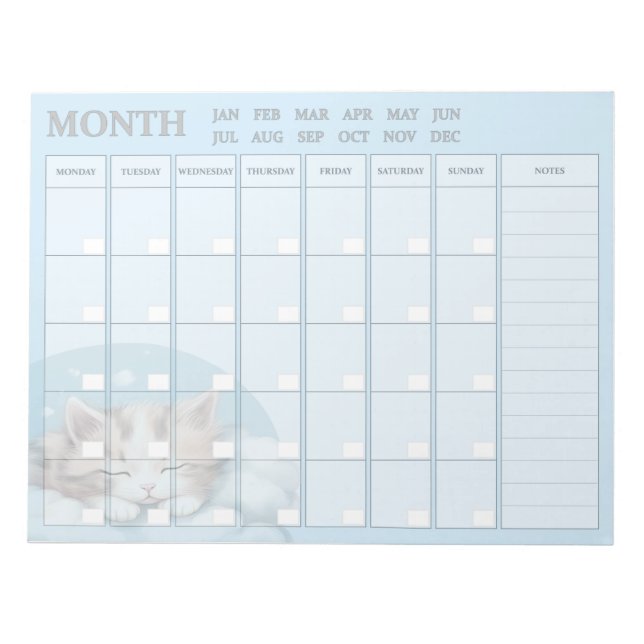 Bloc De Notas Planner mensual con Sleepy Kitty (Frente)