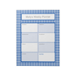 Bloc De Notas Planner personalizado de Gingham Plaid azul y blan