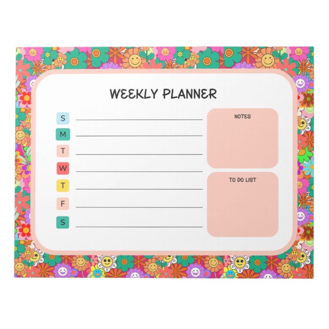 Bloc De Notas Planner semanal de flores hippie retro Groovy Boho (Frente)