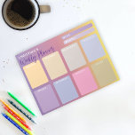 Bloc De Notas Planner semanal de gradiente amarillo rosa púrpura<br><div class="desc">Organice su semana con este boletín semanal personalizado. Tiene dos espacios en blanco encima donde se puede entrar la semana y el mes, y ocho zonas en la parte principal durante los siete días de la semana, además de un lugar para las notas, todo en tonos pastel de morado, rosa...</div>