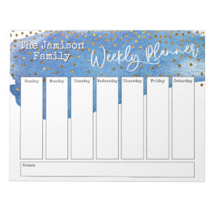 Bloc De Notas Planner semanal de pincel azul de oro de confetti