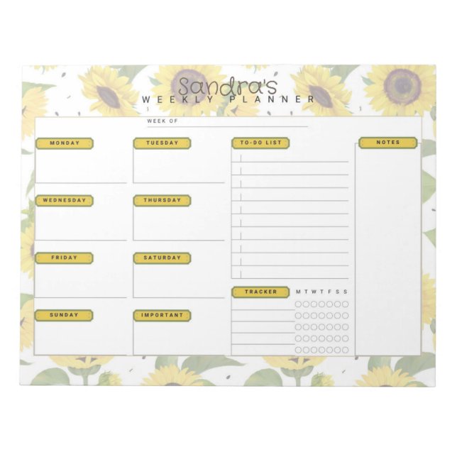 Bloc De Notas Planner semanal personalizado de girasol (Frente)
