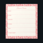 Bloc De Notas Planner semanal personalizado Vintage Red Floral<br><div class="desc">Un elegante bloc de notas semanal personalizado con un borde floral rojo vintage.</div>