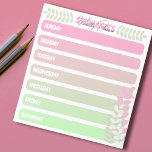 Bloc De Notas Planner Semanal Verde Y Rosa De La Cita De La Noch<br><div class="desc">Aquí hay un bloc de notas personalizado que le ayudará a recordar sus tareas semanales más importantes. Cada día de la semana se representan diferentes espacios en blanco rosa pastel y verde, decorados con ramas de hojas minimalistas de los mismos colores, y su nombre aparece en la parte superior. El...</div>