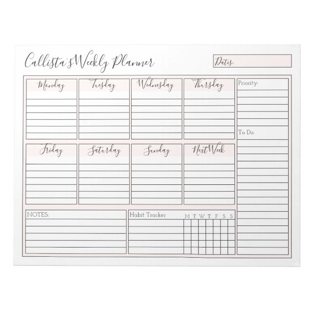 Bloc De Notas Planner simple y moderno de Personalizado semanal  (Frente)