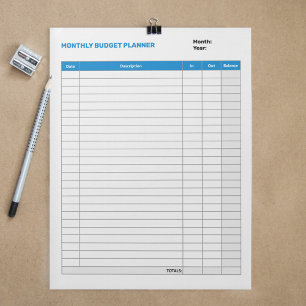 Bloc De Notas Plano presupuestario mensual simple azul