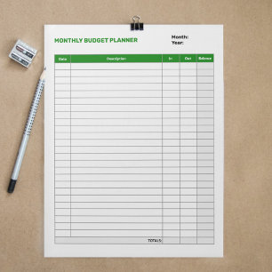 Bloc De Notas Plano presupuestario simple mensual Verde