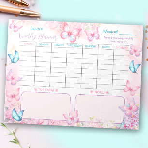 Bloc De Notas Plantador semanal Mariposa Rosa Púrpura Floral Nom