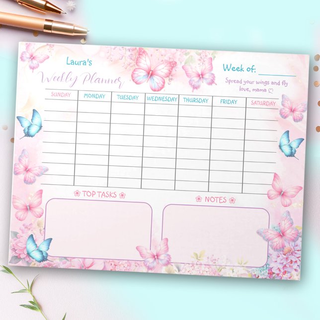 Bloc De Notas Plantador semanal Mariposa Rosa Púrpura Floral Nom (Weekly Planner Butterfly Pink Purple Floral Name Notepad)