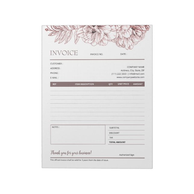 Bloc De Notas Plantilla de factura comercial de arte floral marr (Lado Izquierdo)