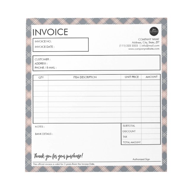 Bloc De Notas Plantilla de factura de borde de placa gris minima (Frente)