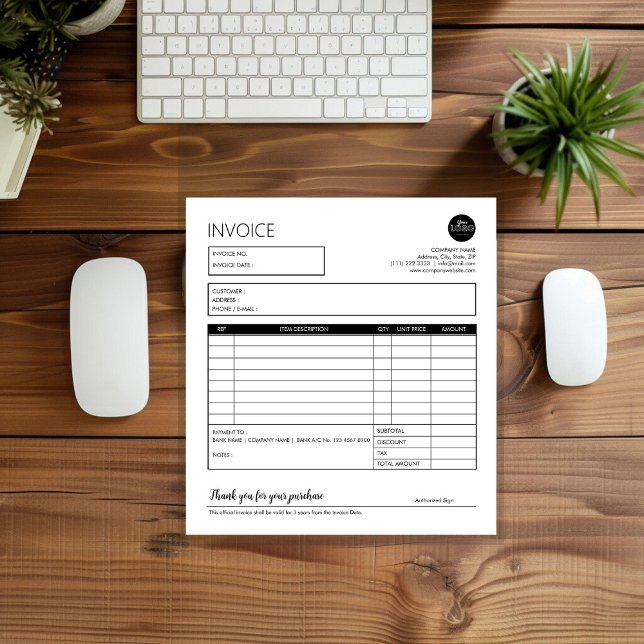 Bloc De Notas Plantilla de factura de negocio profesional en bla (Black White Professional Business Invoice Template Notepad desk top mock up)