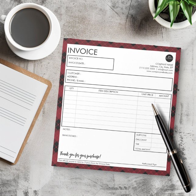 Bloc De Notas Plantilla de factura simple personalizada con bord (Minimalist Red Plaid Border Business Invoice Template Notepad)