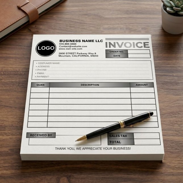 Bloc De Notas Plantilla de formulario de ventas de factura comer (custom silver logo invoice pad, black white business receipt book, custom small business sales form)