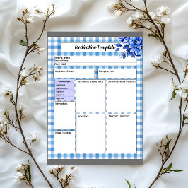 Bloc De Notas Plantilla de Medicación Gingham Floral Azul