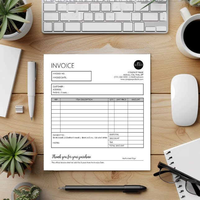 Bloc De Notas Plantilla de recepción de facturas de ventas de pe (Grey Small Business Invoice Sales Receipt Template Notepad desk top mock up)