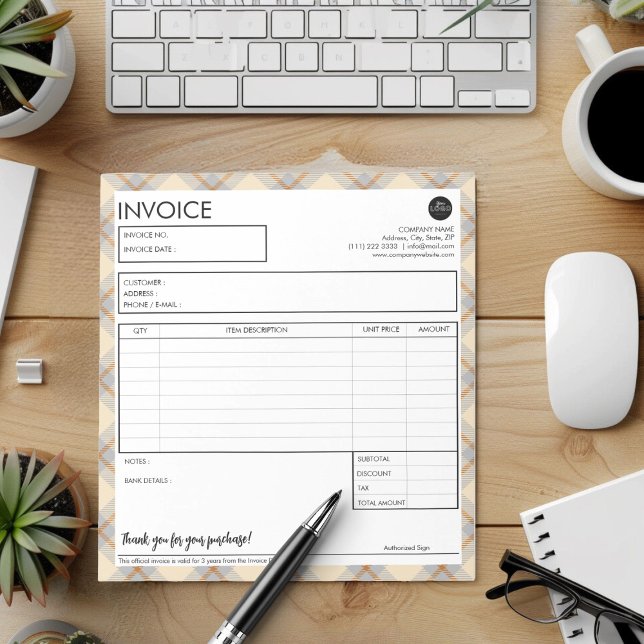 Bloc De Notas Plantilla simple de borde de factura comercial (Simple Peach Plaid Border Business Invoice Template)