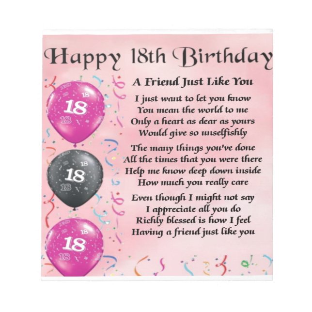 Bloc De Notas Poema amigo 18 cumpleaños (Frente)