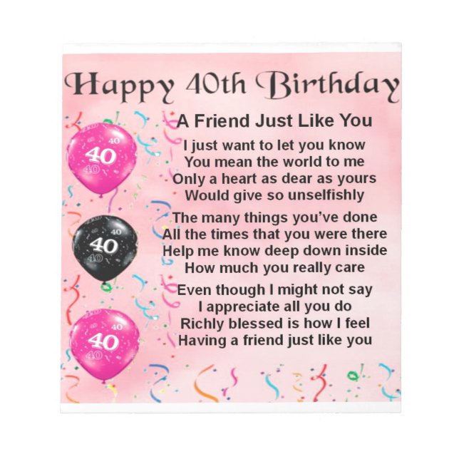 Bloc De Notas Poema de amigo - 40 cumpleaños (Frente)