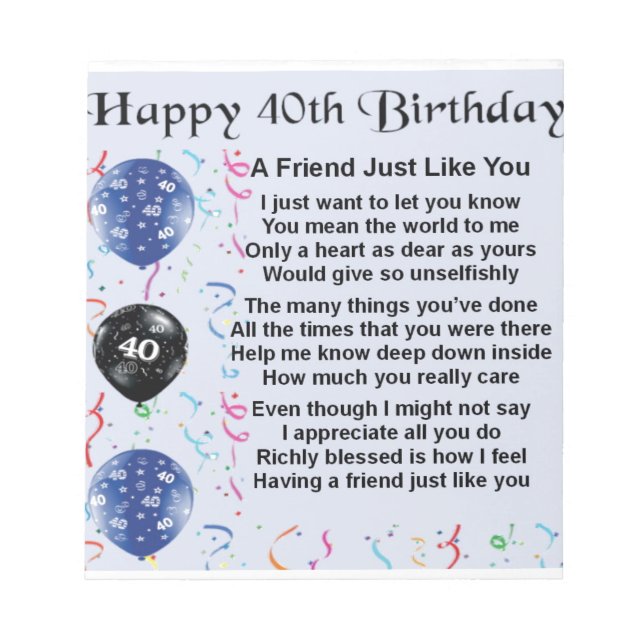 Bloc De Notas Poema de Amigo 40 cumpleaños (Frente)