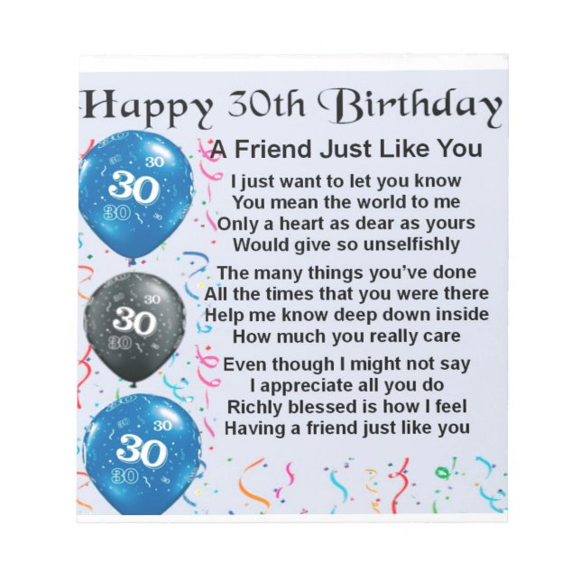 Bloc De Notas Poema de amigo - Cumpleaños 30 (Frente)