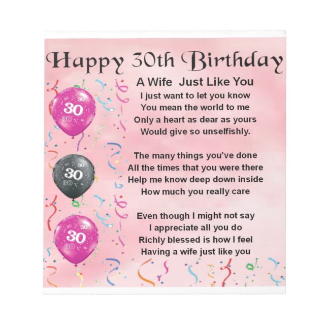 Bloc De Notas Poema de Esposa - Cumpleaños 30 (Frente)