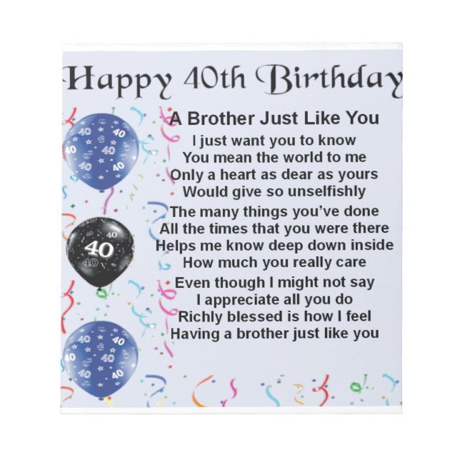 Bloc De Notas Poema de hermano cumpleaños 40 (Frente)
