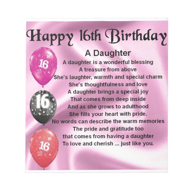 Bloc De Notas Poema de hija Cumpleaños 16 (Frente)