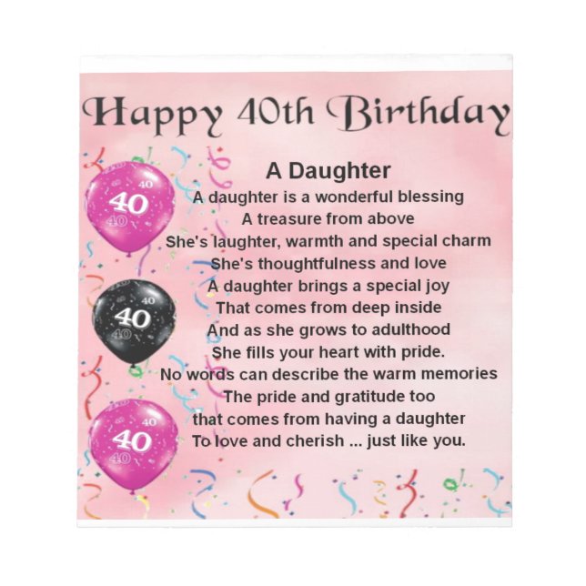 Bloc De Notas Poema de hija cumpleaños 40 (Frente)