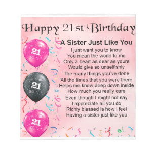 Bloc De Notas Poema de la hermana - 21ro diseño del cumpleaños