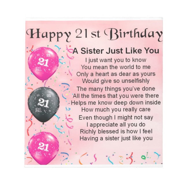 Bloc De Notas Poema de la hermana feliz cumpleaños número 21 (Frente)
