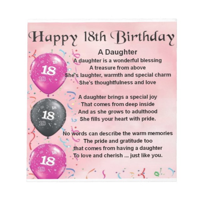 Bloc De Notas Poema de la hija - 18º cumpleaños (Frente)