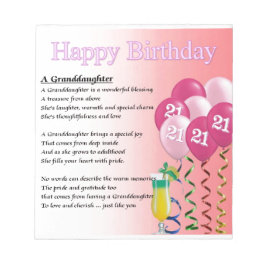 Bloc De Notas Poema de la nieta de cumpleaños número 21