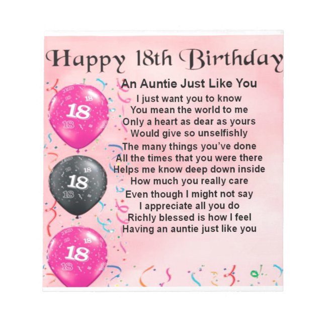 Bloc De Notas Poema de la tía 18º cumpleaños (Frente)