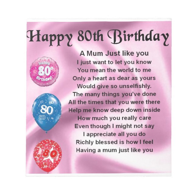 Bloc De Notas Poema de Madre en Derecho - Cumpleaños 80 (Frente)