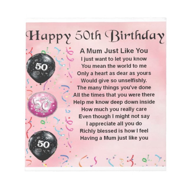 Bloc De Notas Poema de mamá - 50 cumpleaños (Frente)