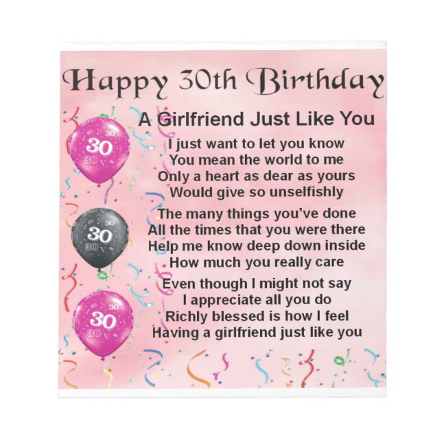 Bloc De Notas Poema de Novia - diseño de cumpleaños 30 (Frente)
