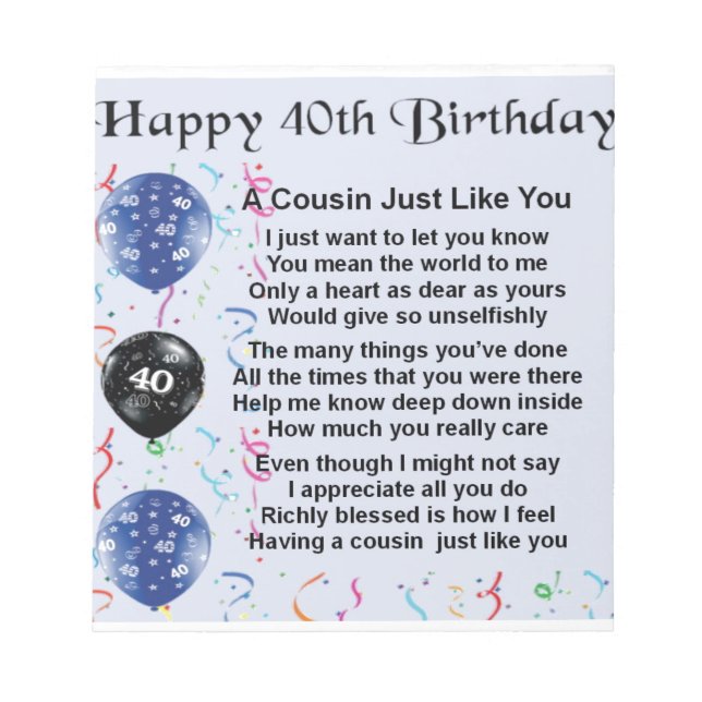 Bloc De Notas Poema de Primo Cumpleaños 40 (Frente)