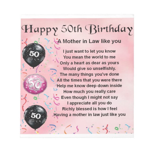 Bloc De Notas Poema "Madre en la ley" - 50 cumpleaños (Frente)