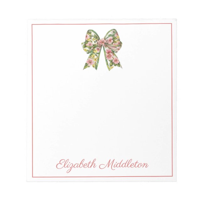 Bloc De Notas Preppy Floral Pink and Green Bow Personalized (Frente)