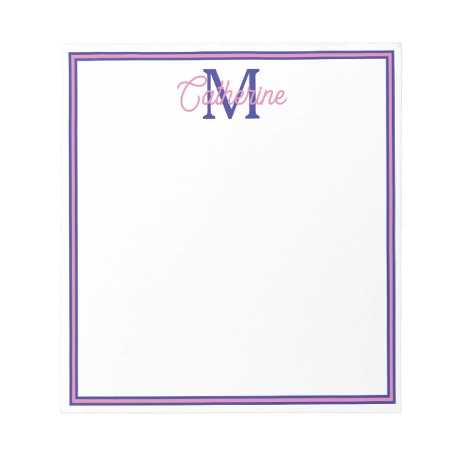 Bloc De Notas Preppy Pink and Navy Blue Simple Monogram (Frente)