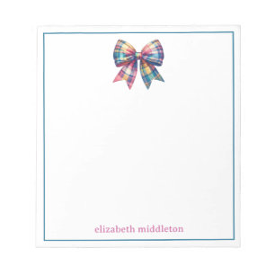 Bloc De Notas Preppy Watercolor Plaid Bow Personalizado