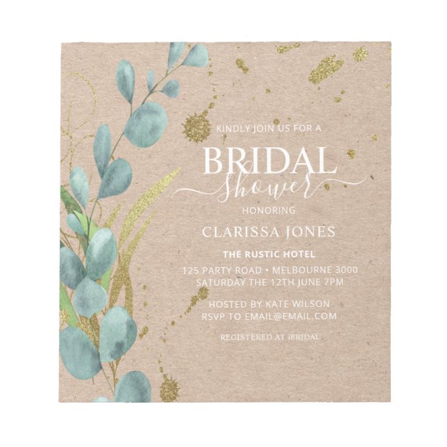Bloc De Notas PRESUPUESTO Rústico Eucalyptus Kraft Ducha Bridal (Frente)