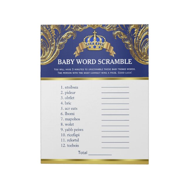 Bloc De Notas Prince Baby Shower Word Scramble Games (Lado Izquierdo)