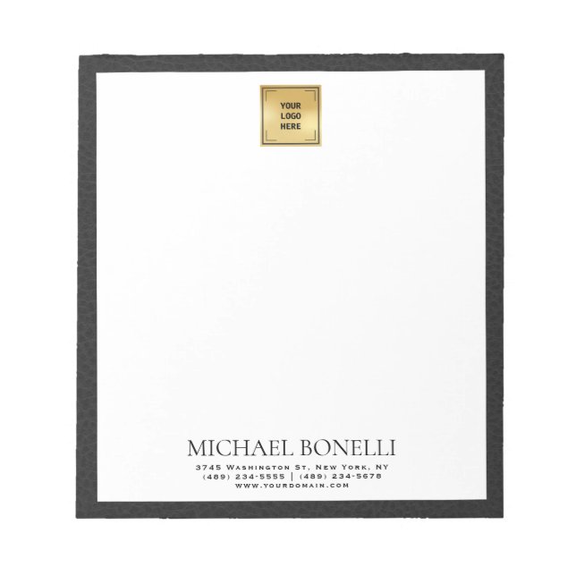 Bloc De Notas Profesional del logotipo Black Leather Square Gold (Frente)